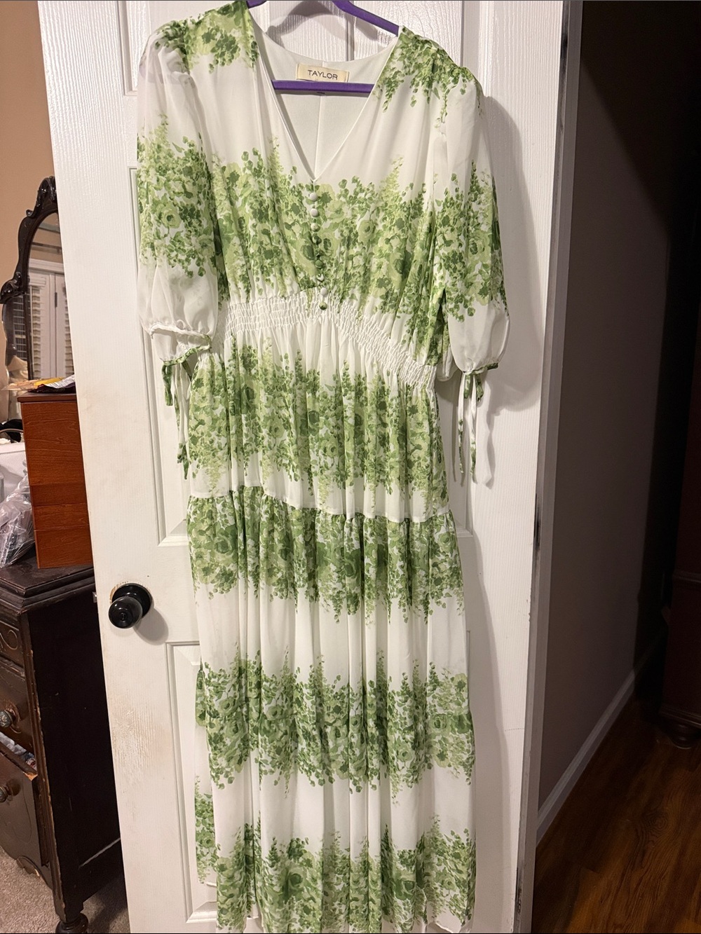 Taylor White and Green Floral Tiered Maxi with Smocked Waist